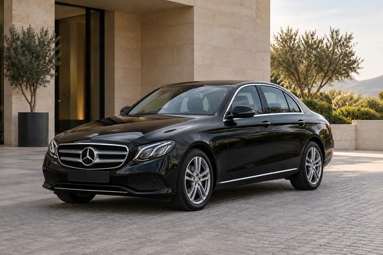 Siyah Mercedes E-Class sedanın temsili dış görünümü